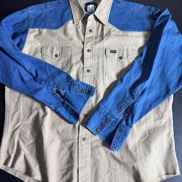 Wrangler Other - Wrangler Western Shirt Mens XL Tan Blue Colorblock Denim Sleeve Snap Button Down